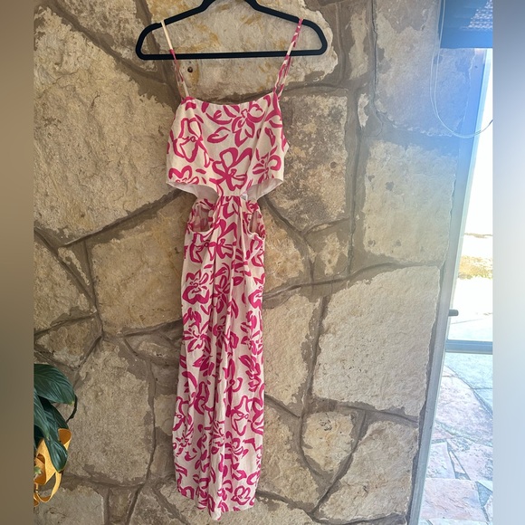 MANGO Floral Cutout Linen Blend Midi Dress Pink - Picture 8 of 9